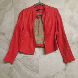 Andrew Marc Red Polyester Moto Jacket - Size Small